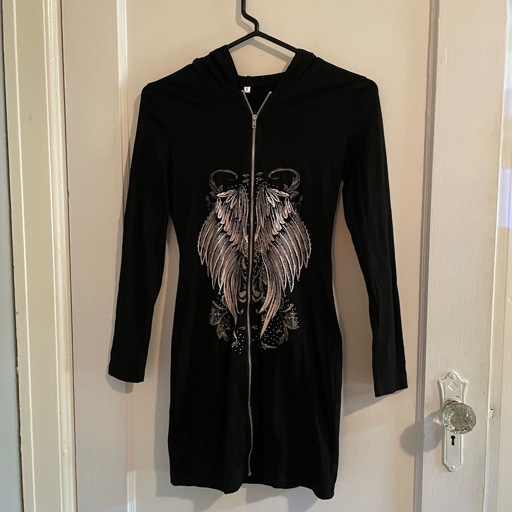 EM Bedazzled Zip Through Wing Graphic Hoodie Mini Dress Size S